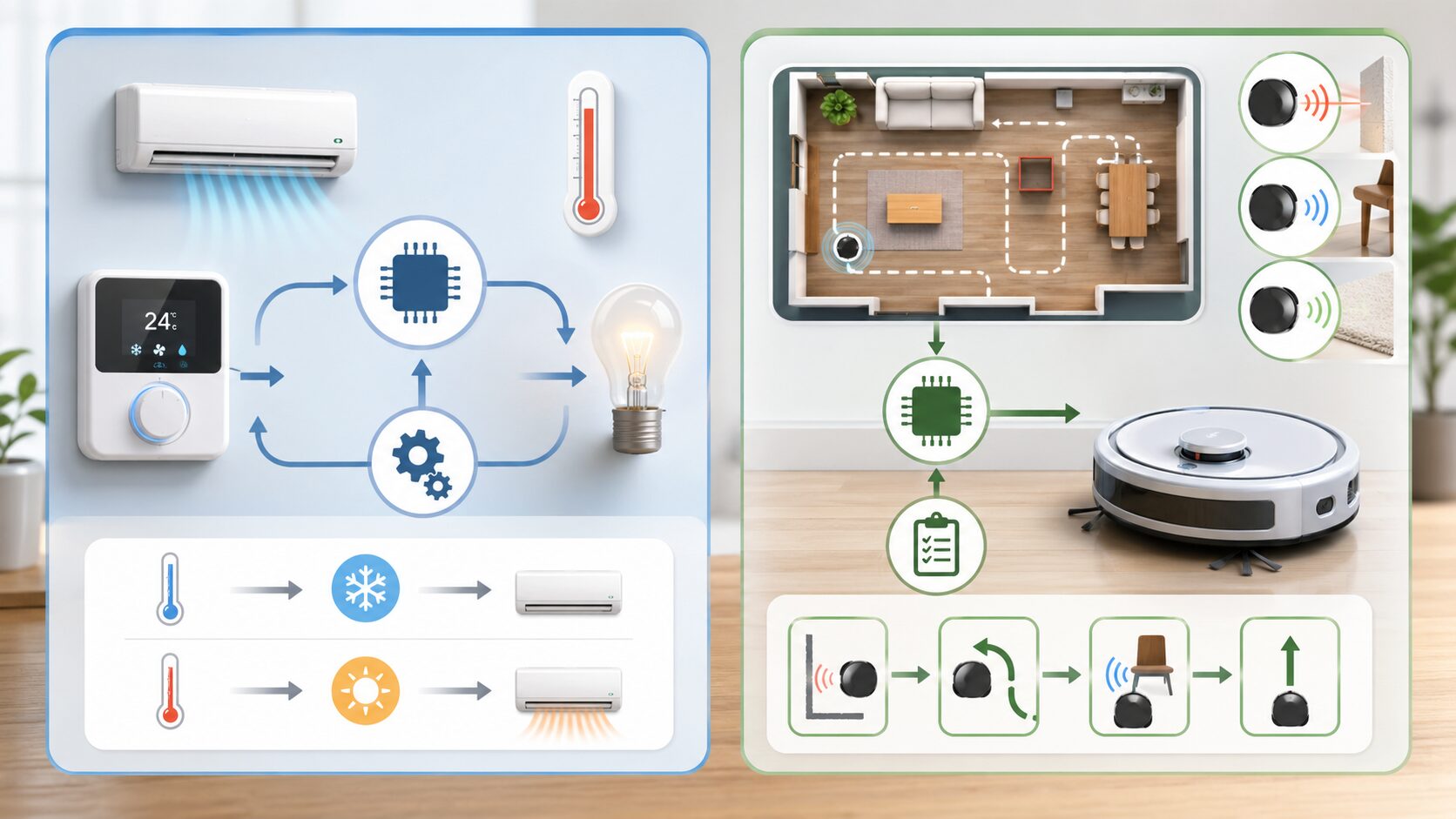 エアコンの制御プログラムと掃除ロボットのルールベースAIを比較した図