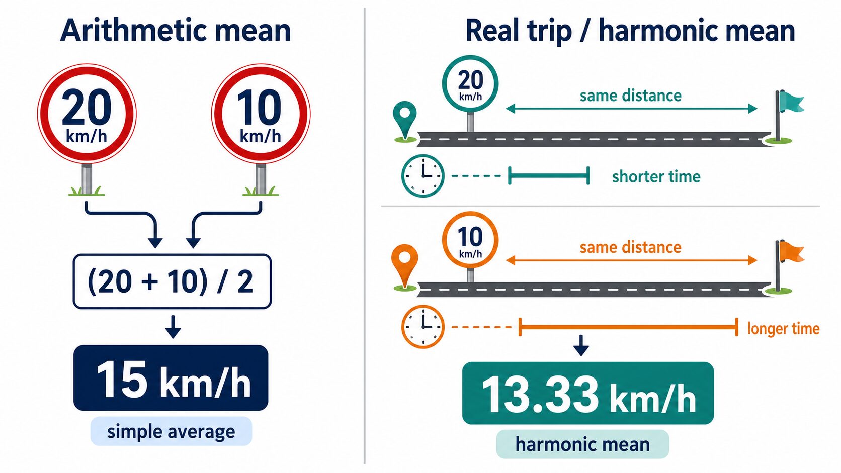 20km/hと10km/hの往復速度について、算術平均の15km/hと実際の平均速度である調和平均13.33km/hを比較した図