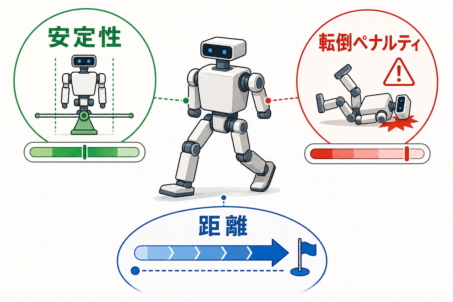 二足歩行ロボットの距離、安定性、転倒ペナルティを示す報酬設計の図