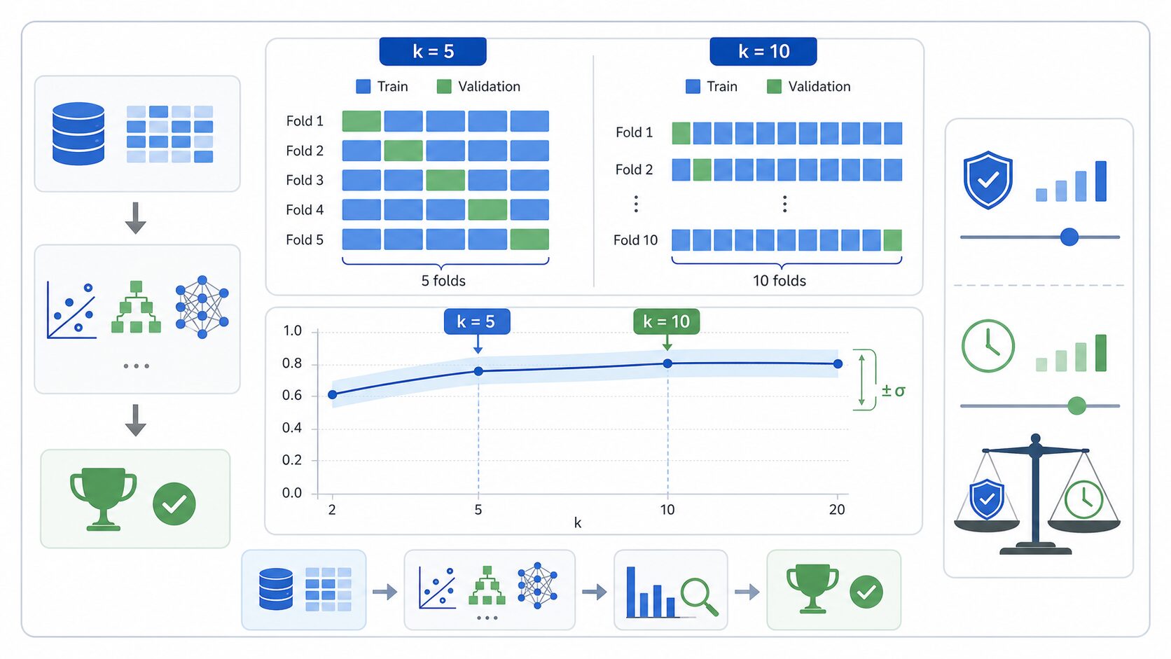 kの値を選び交差検証スコアでモデルを比較するイメージ