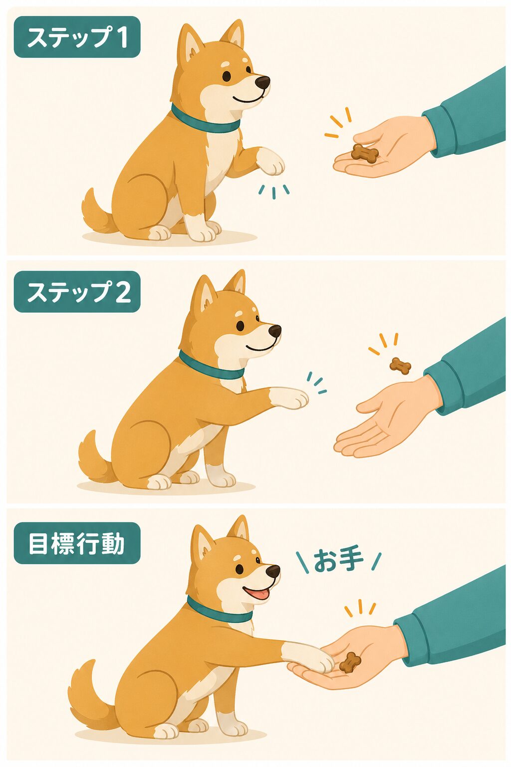 犬がお手を覚えるまでの段階的な報酬の図解