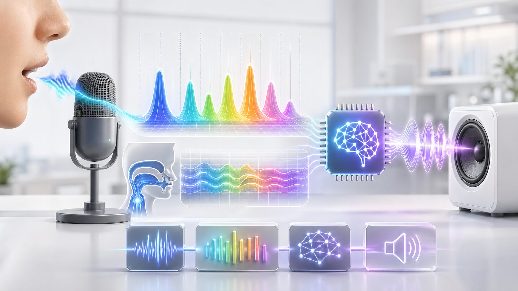音声をスペクトルとして分析しAIで認識や合成に活用するイメージ