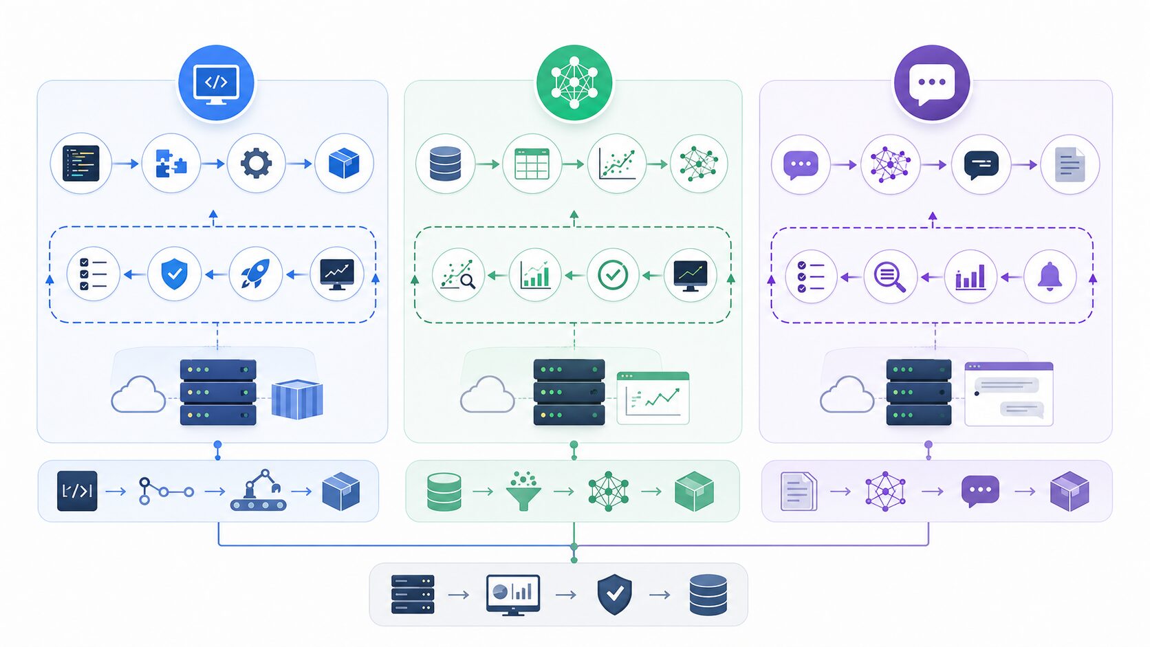 LLMOpsとMLOpsとDevOpsの違いを示す比較図