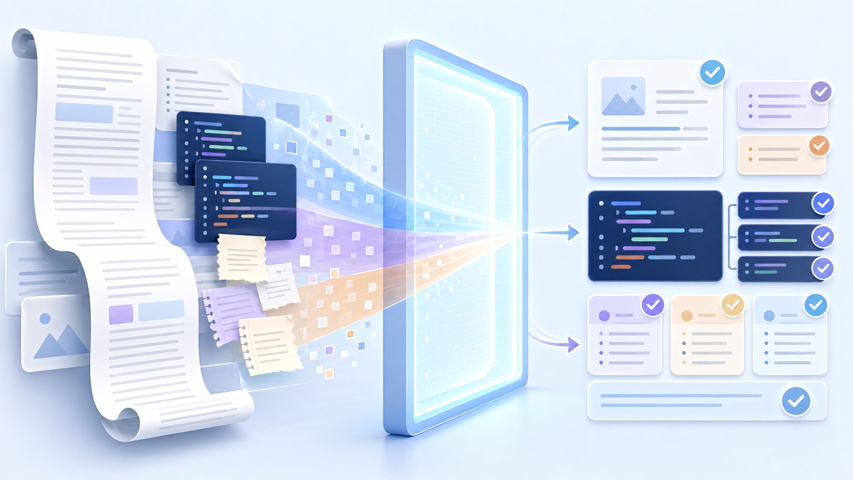 長い文書やコードをAIが整理して要約するイメージ