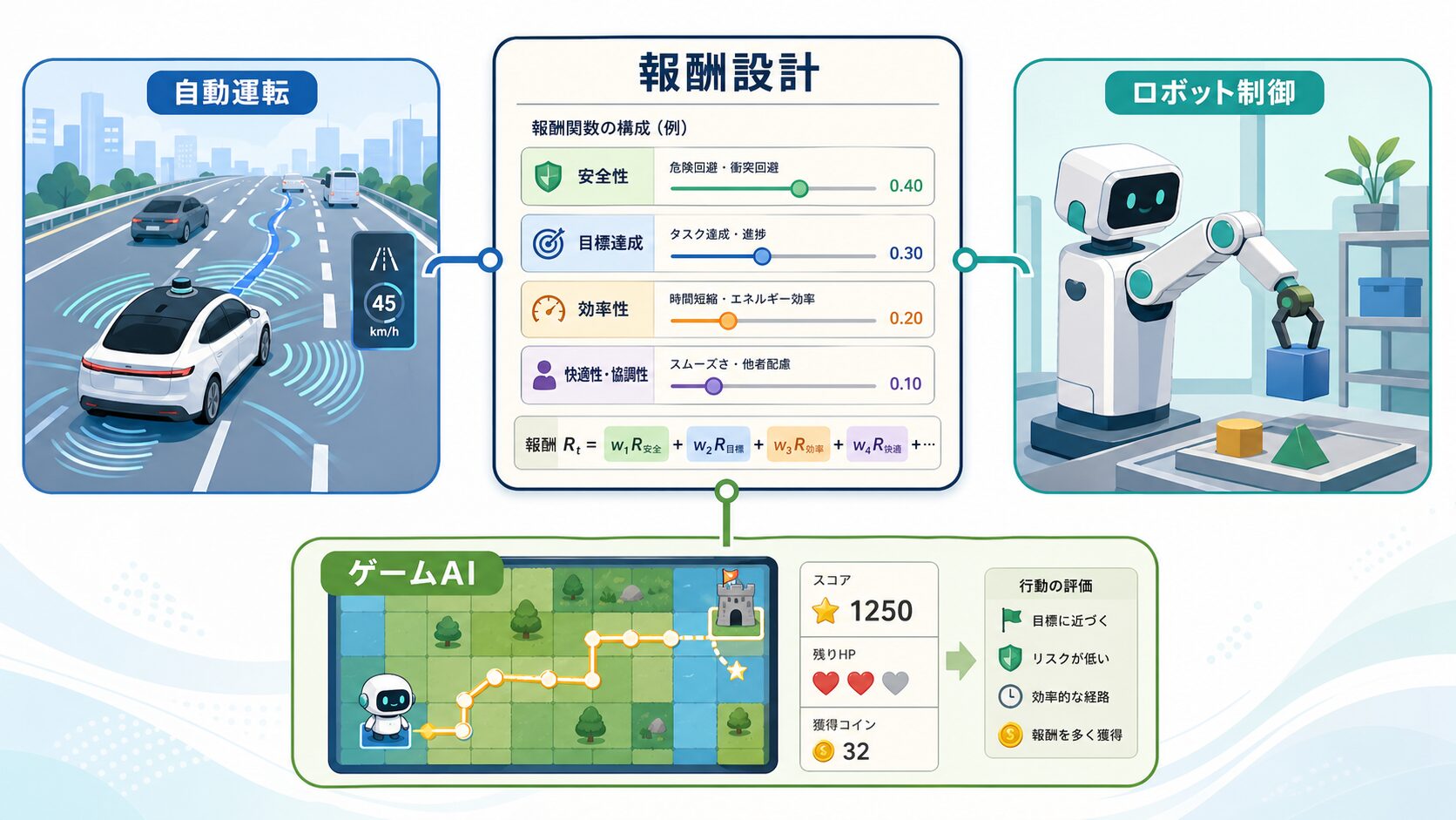 報酬成形が自動運転、ロボット制御、ゲーム AI に応用される未来を示す教育的な図