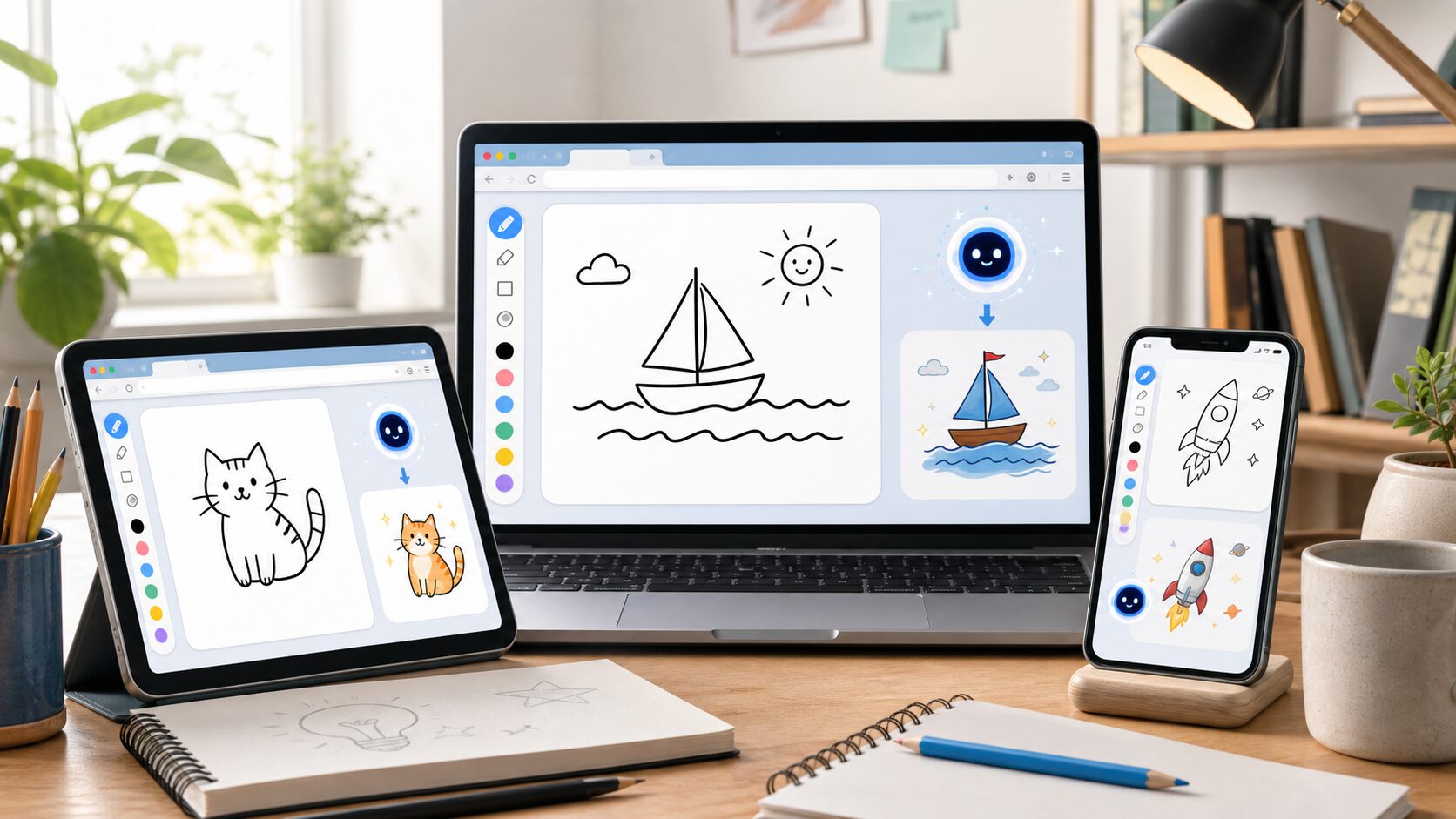 PCやスマートフォンでAIお絵かきゲームを遊ぶ様子