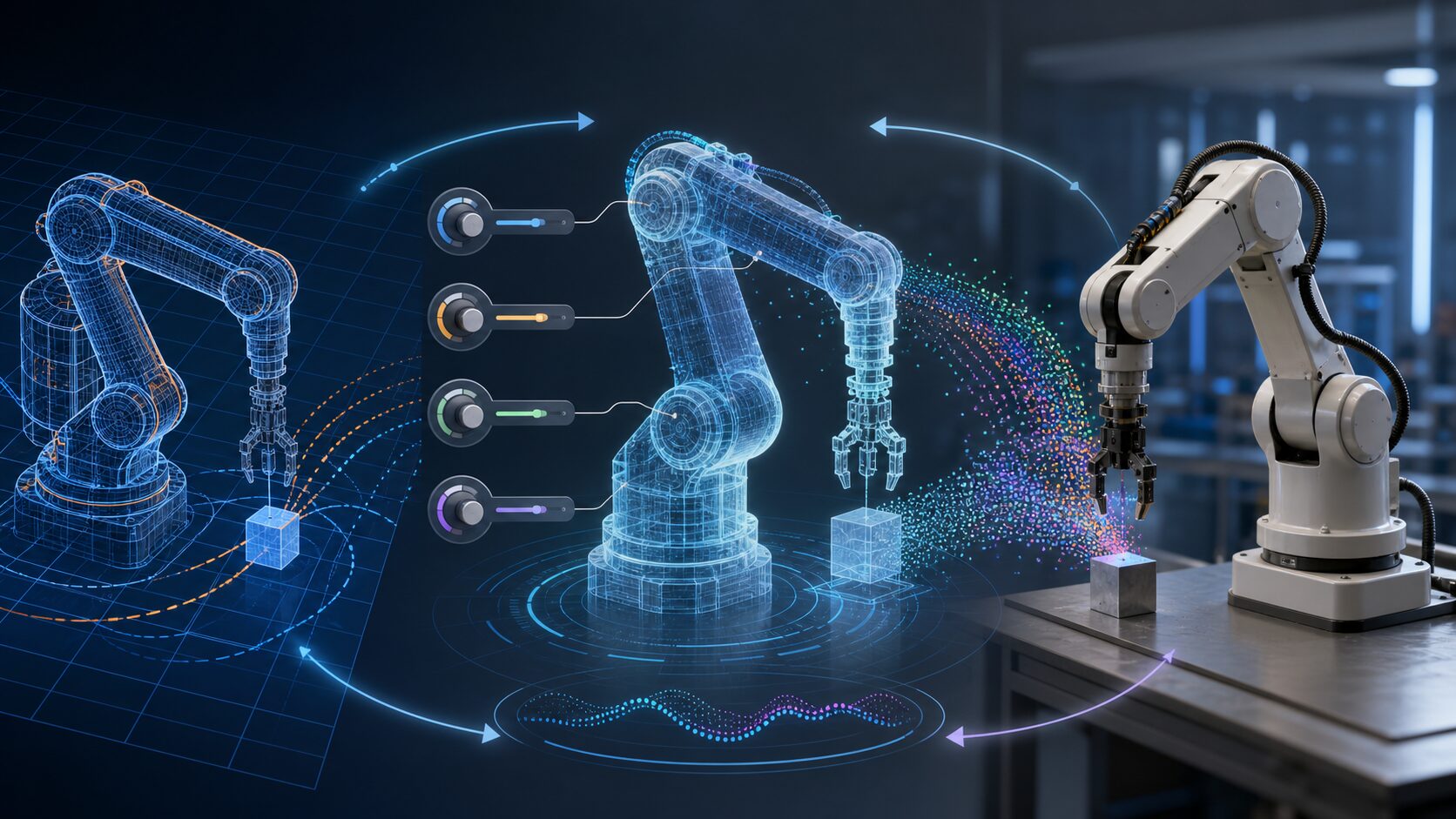 シミュレーション環境で学習したロボットが現実世界へ移るsim2realのイメージ