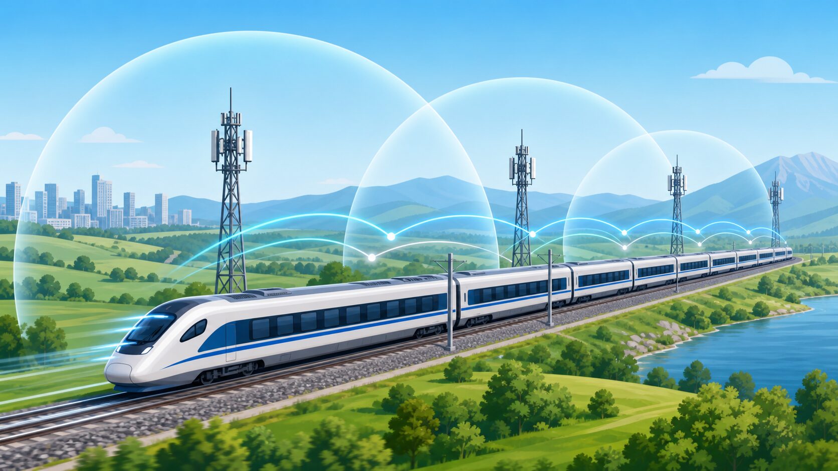 AIが5Gや6Gの複数基地局を協調制御する未来的な通信ネットワーク