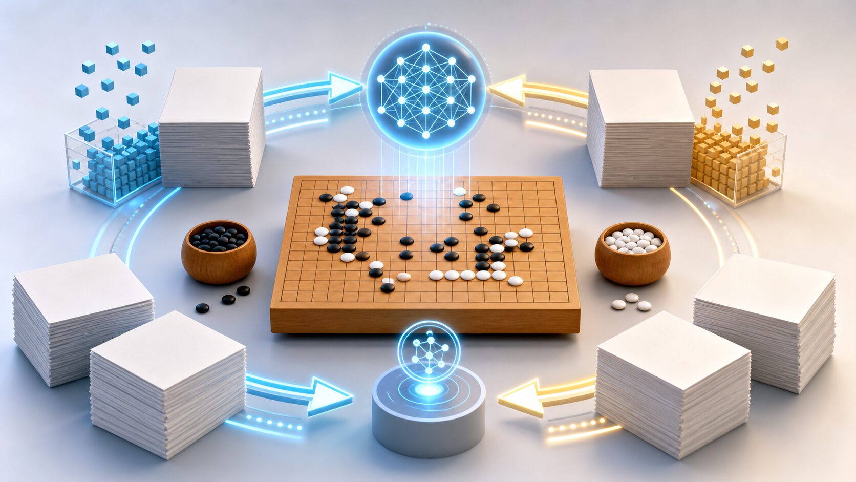 AIとボードゲームの関係を示す盤面とネットワークのイメージ