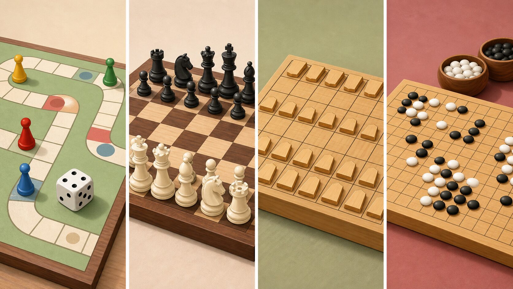すごろく、チェス、将棋、囲碁の違いを横並びで示すイメージ