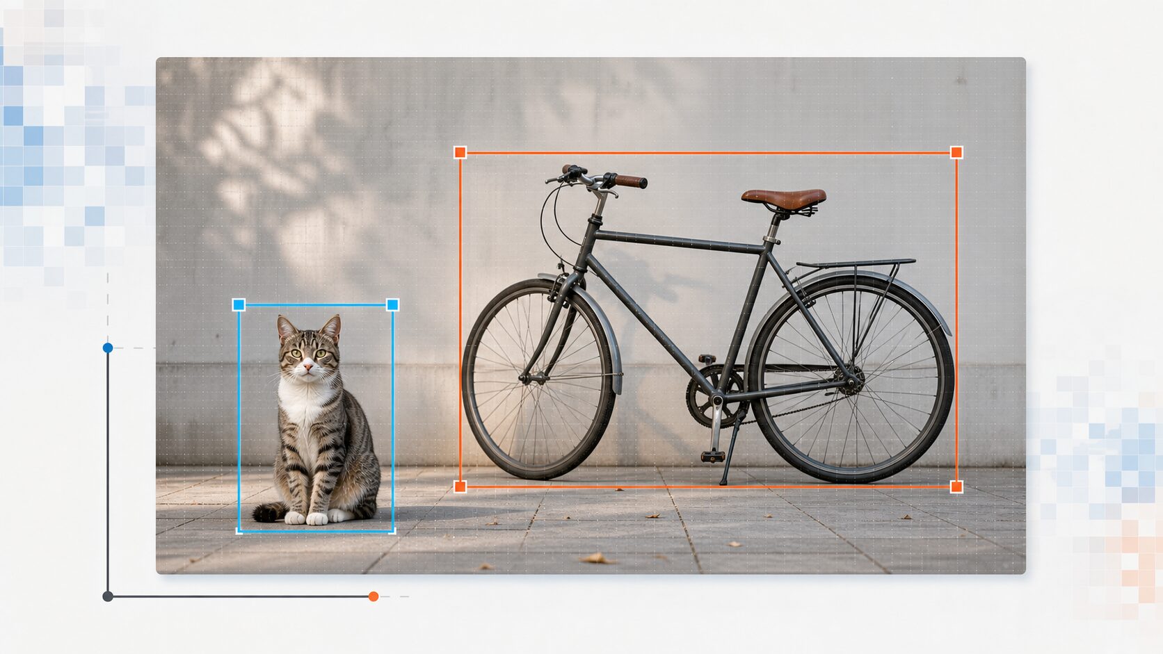 画像内の猫や自転車を矩形領域で囲んで物体検出の基本概念を示す図