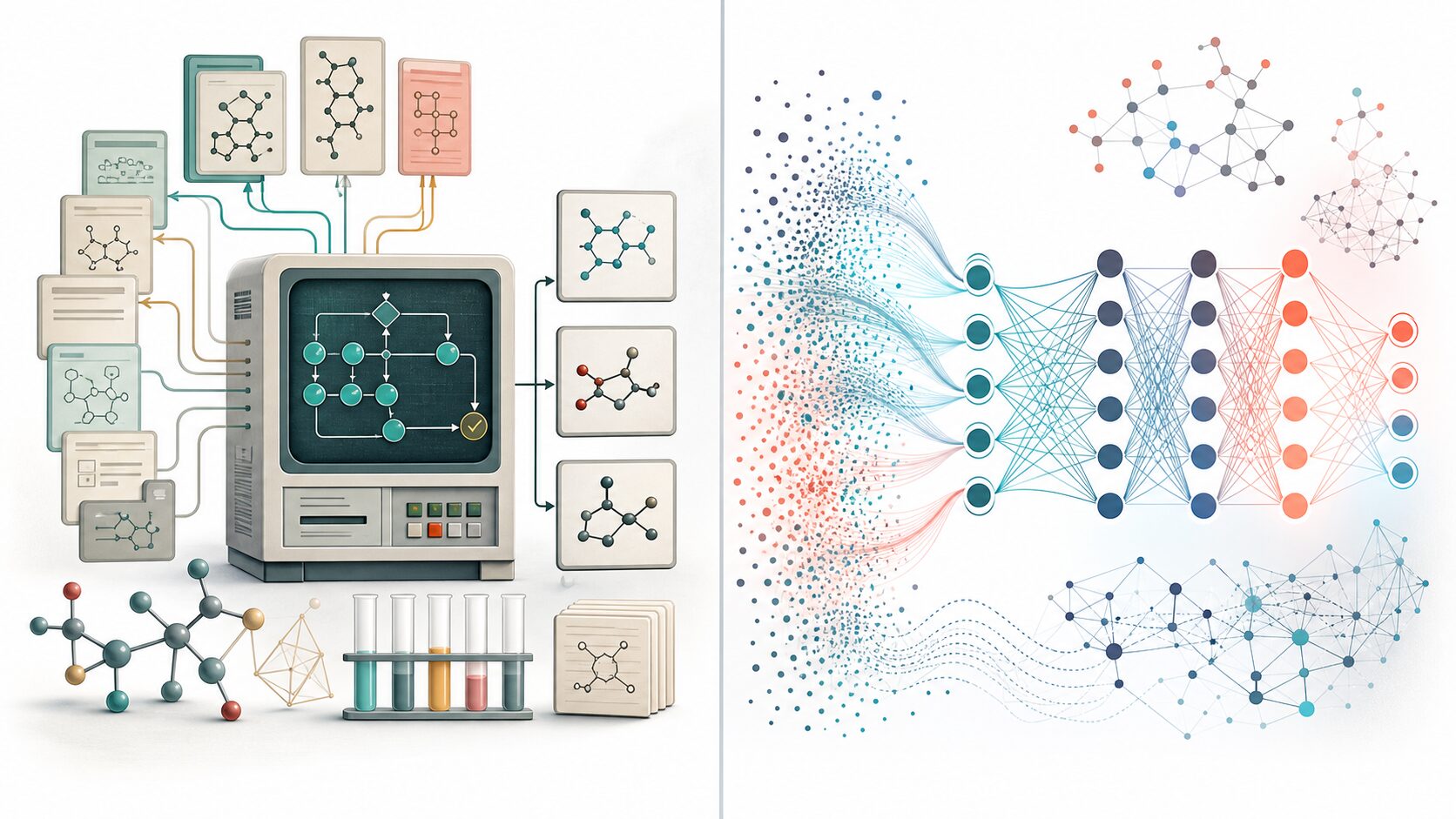 DENDRALのようなルールベースAIと現代のデータ駆動AIの比較イメージ