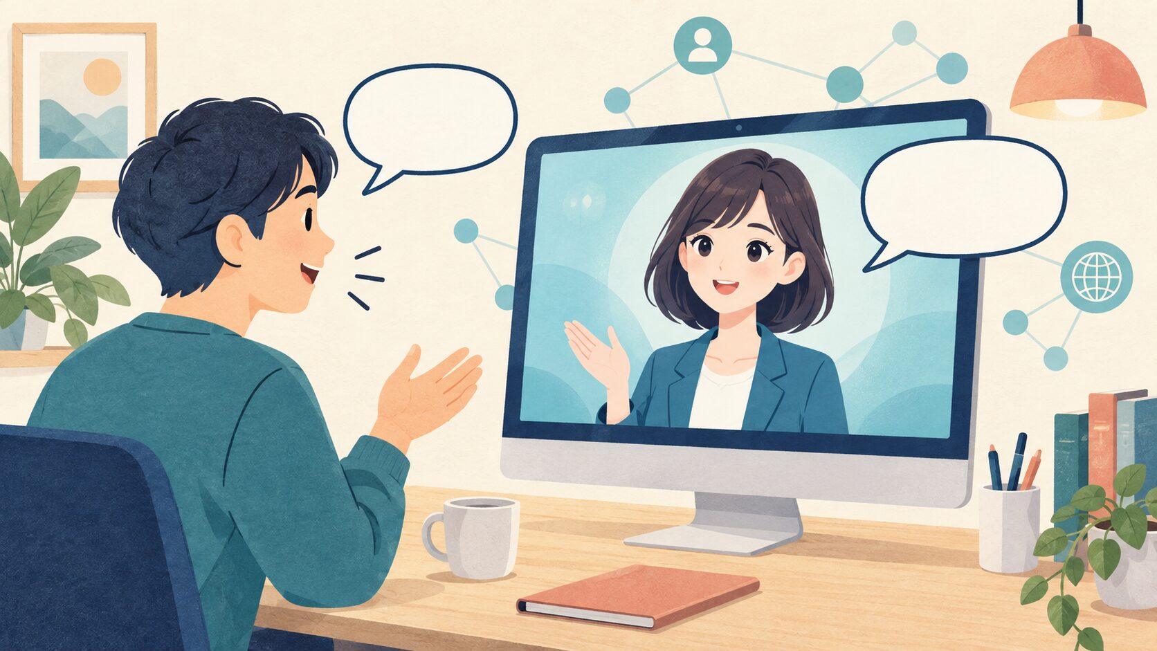 利用者が画面上のAIアバターと会話するイメージ