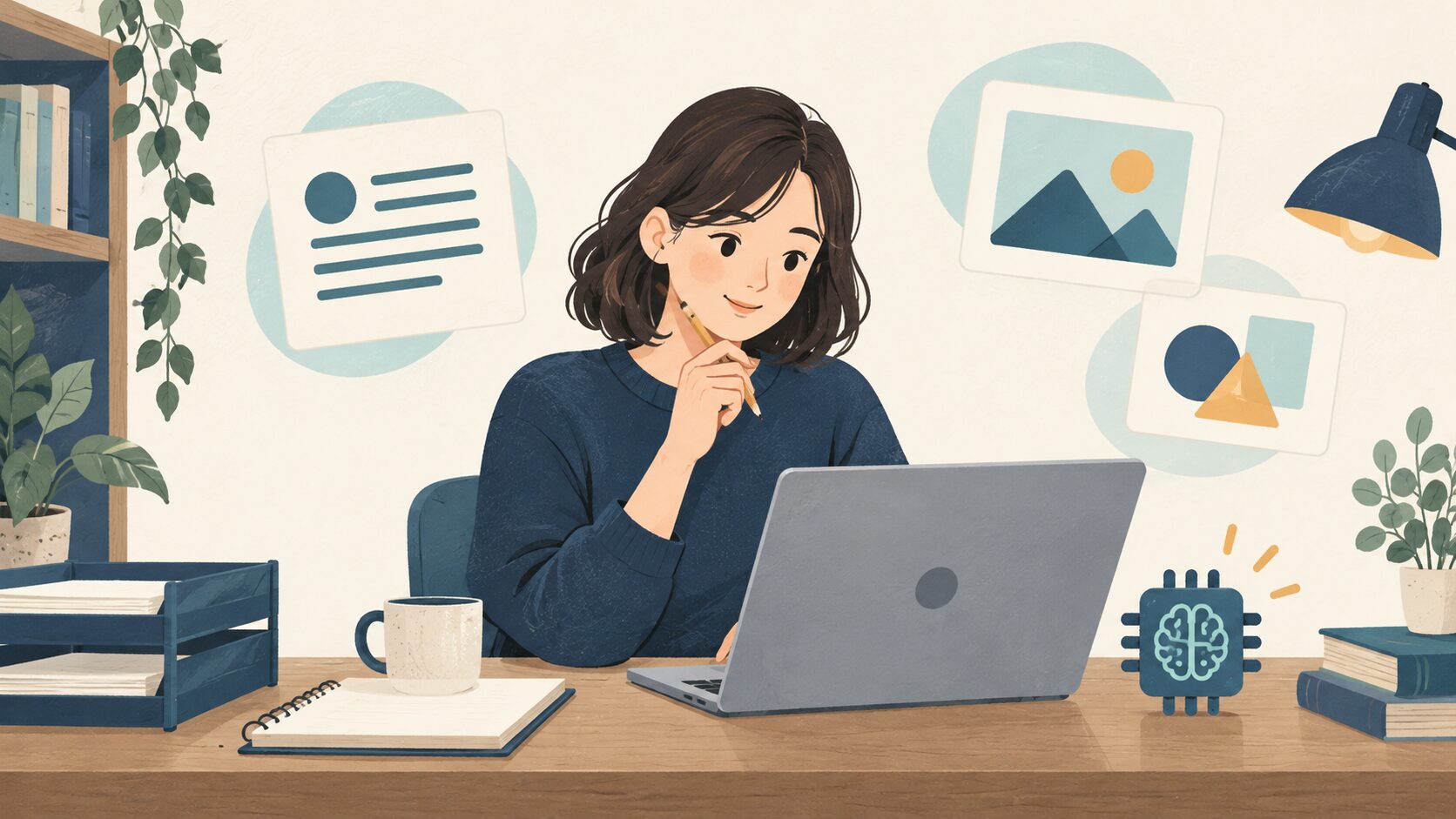 ノートと生成AIを使い、出力を確認しながら仕事を進める人のイラスト