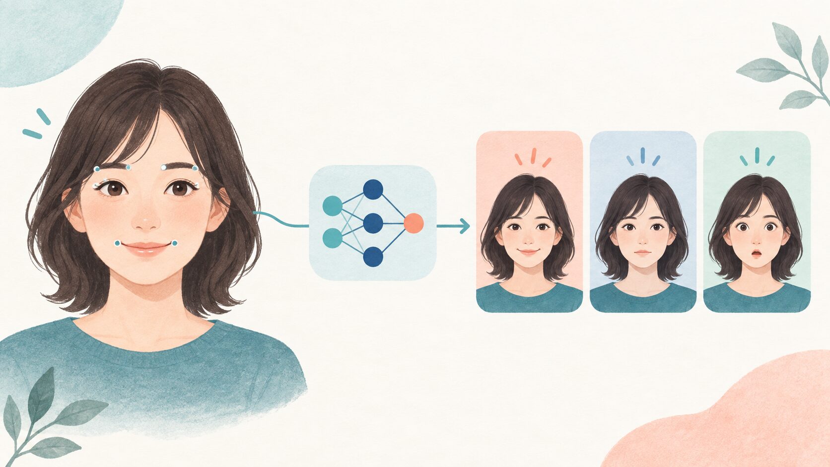 顔の目や眉、口の特徴をもとにAIが複数の表情候補を推定するイメージ
