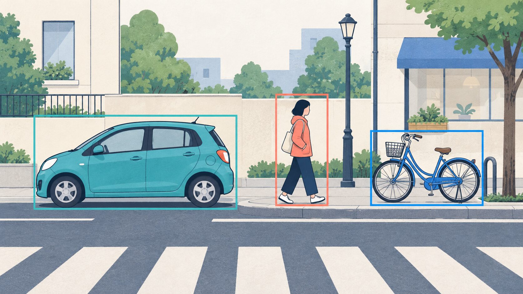 街角の車・歩行者・自転車をそれぞれ個別の四角い枠で囲んだ物体検出のイメージ