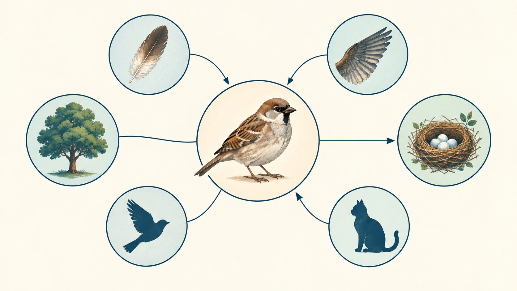 鳥や翼、木などの概念が線でつながる意味ネットワークのイメージ