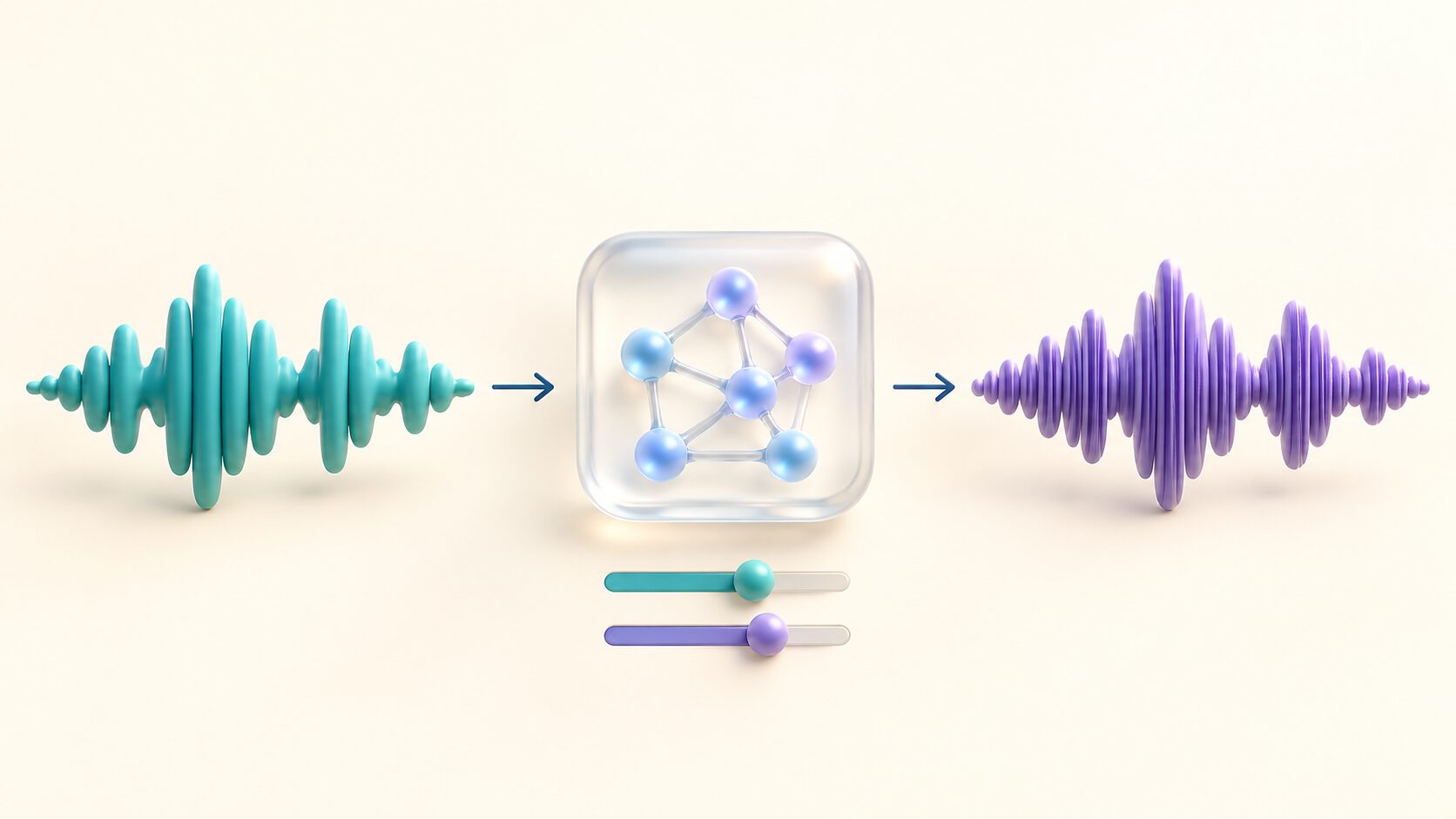 発話のリズムを保ちながら入力音声の声質を変換するAI処理の概念図