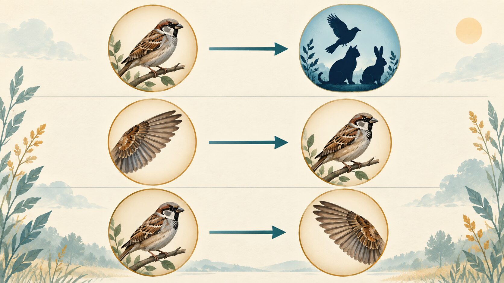 鳥から動物の分類へ、翼から鳥へ、鳥から翼へ向かう三つの関係を並べた概念図