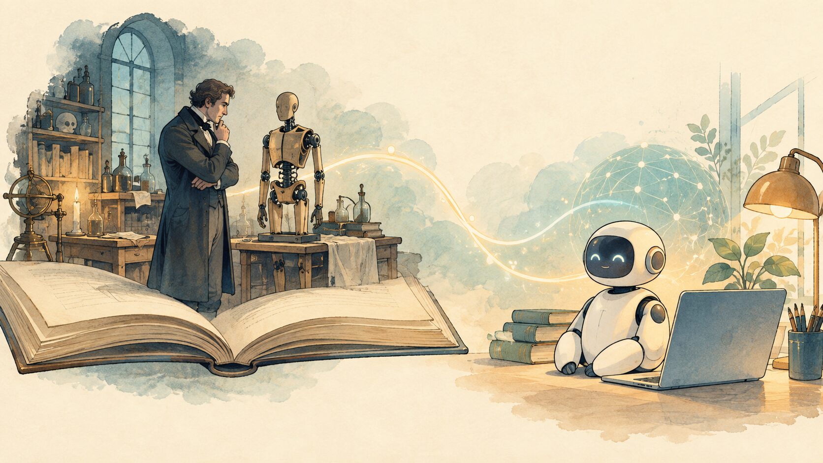 古い本から浮かぶ創造者と創造物の情景を、現代のロボットと結びつけたイラスト