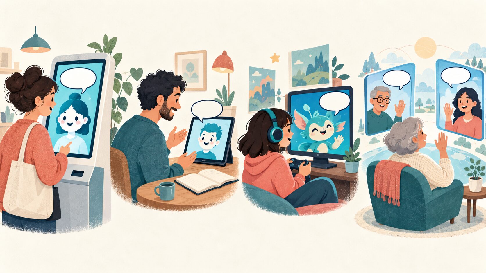 接客、会話学習、ゲーム、遠隔交流でアバターを使う四つの場面