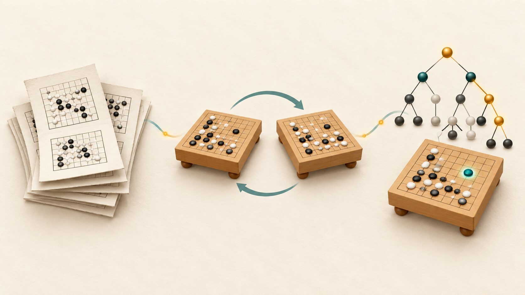 棋譜学習、自己対戦、候補手の探索を横に並べた概念図