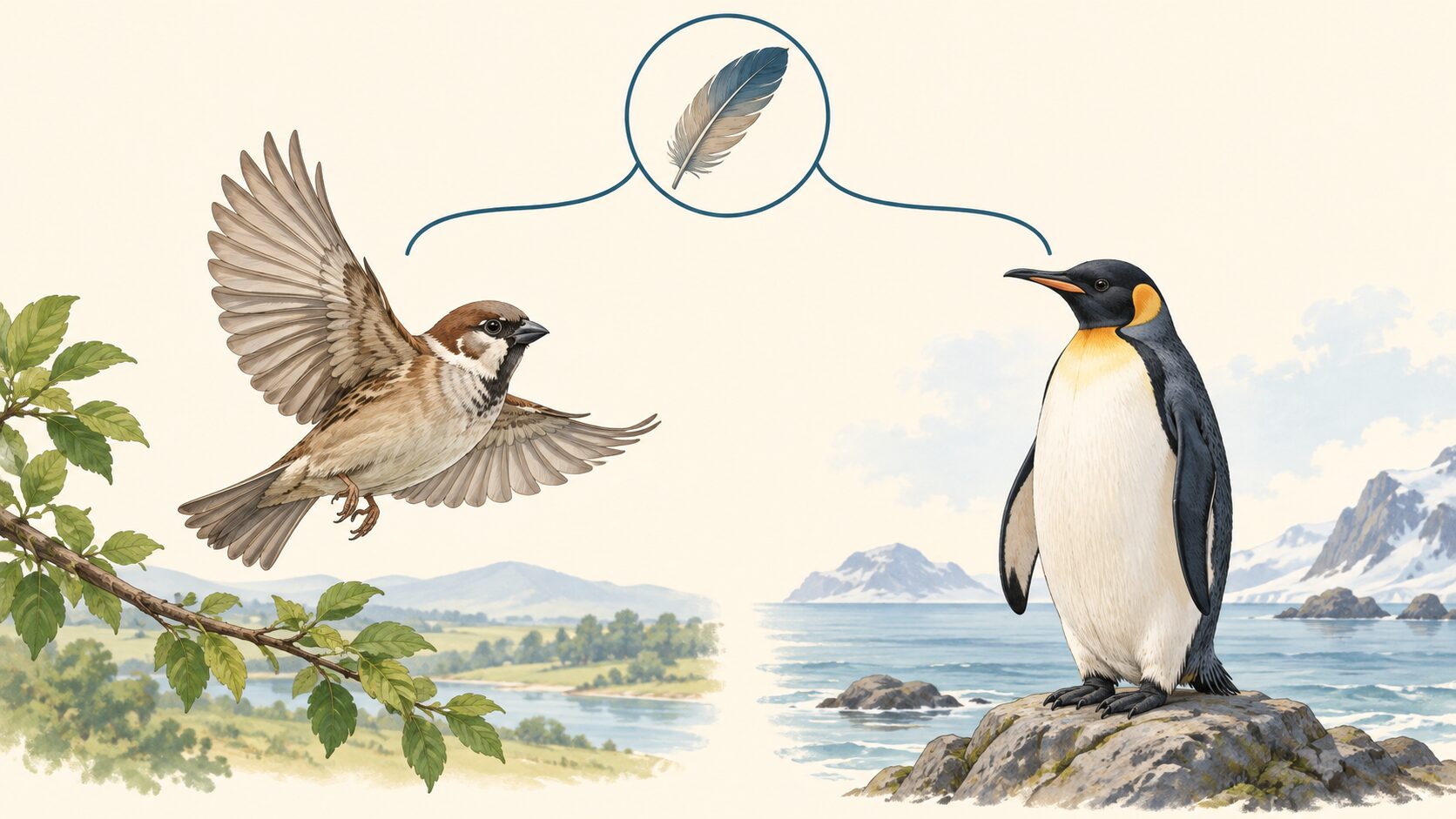 共通の鳥の分類から、飛ぶスズメと地上に立つペンギンへ分岐する例外のイメージ