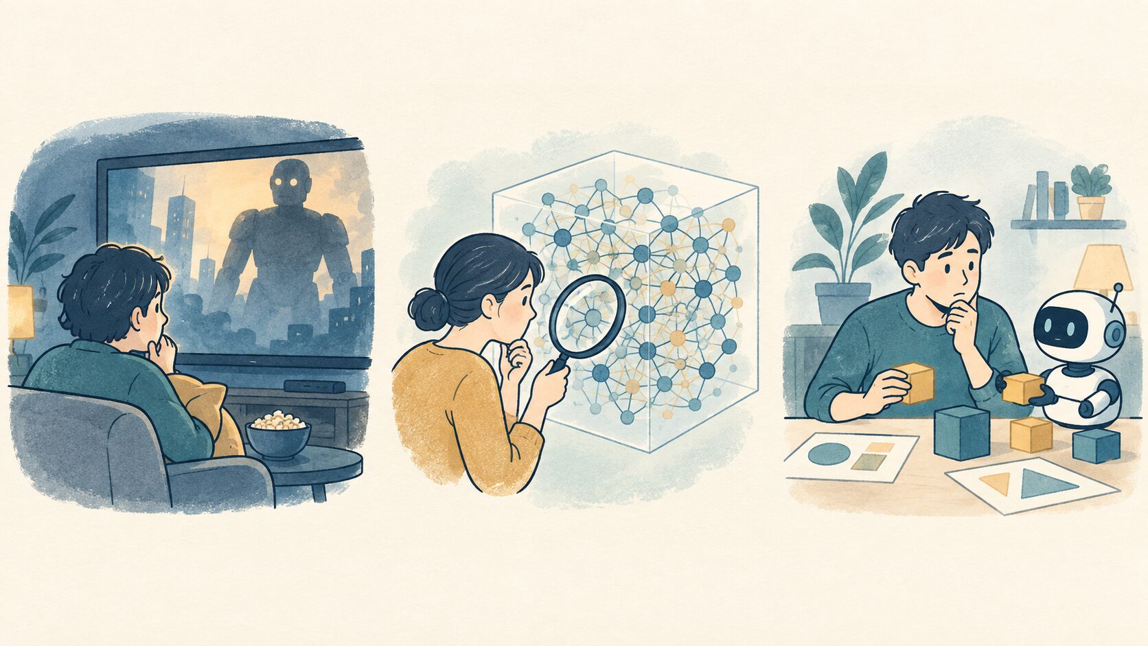 物語の印象、AIの仕組みの見えにくさ、仕事の変化という不安の背景を並べたイラスト