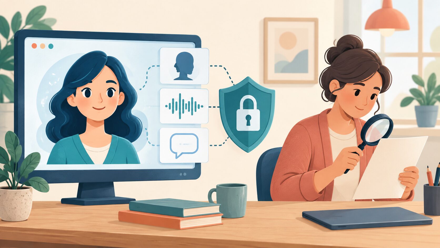 顔や音声などの情報を保護し、人がAIアバターの応答を確認するイメージ