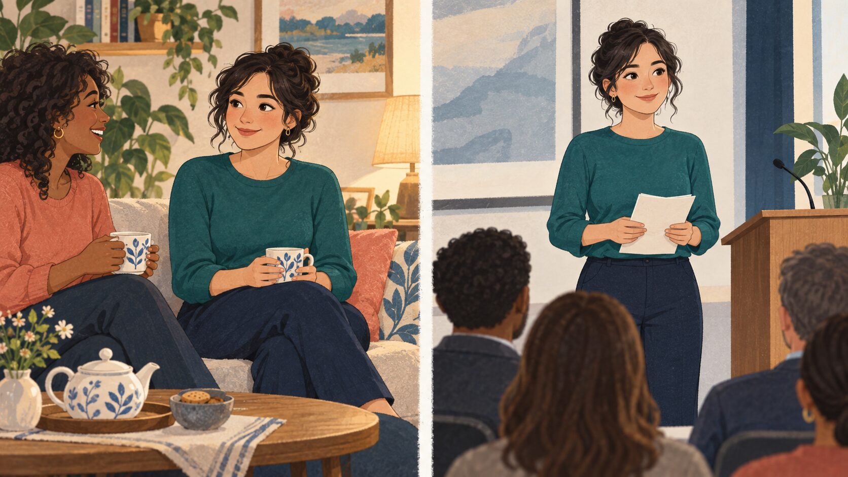 同じ人物の笑顔を、友人とくつろぐ場面と人前で発表する場面で比較したイラスト