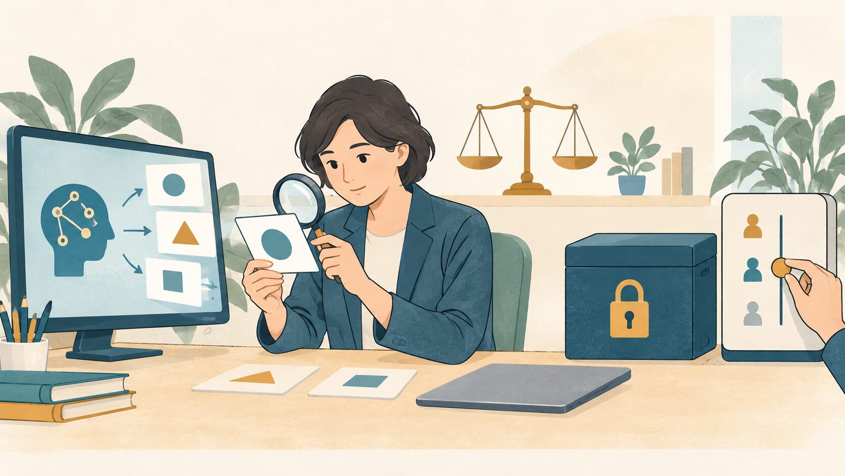 担当者がAIの出力を確認し、公平性、情報の保護、操作権限を点検するイラスト