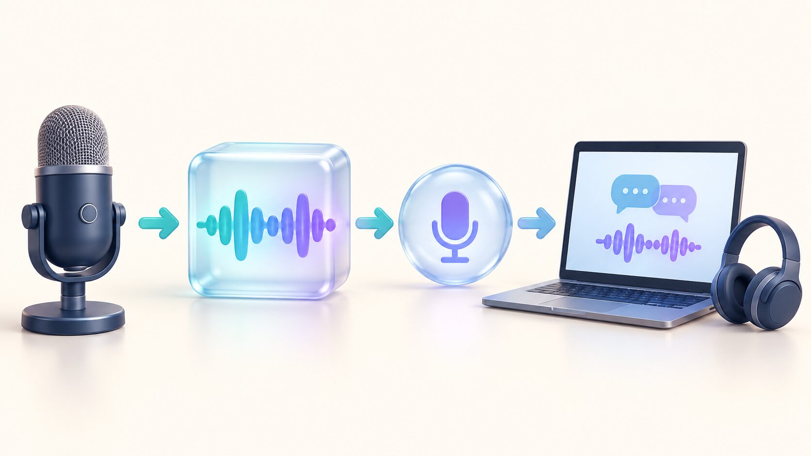 実マイク、声の変換処理、仮想音声入力、通話アプリを順につなぐ音声経路の概念図