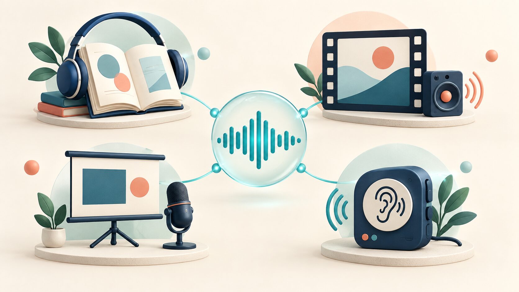 音声合成の応用として教材、映像ナレーション、業務案内、音声による情報アクセスを示す図