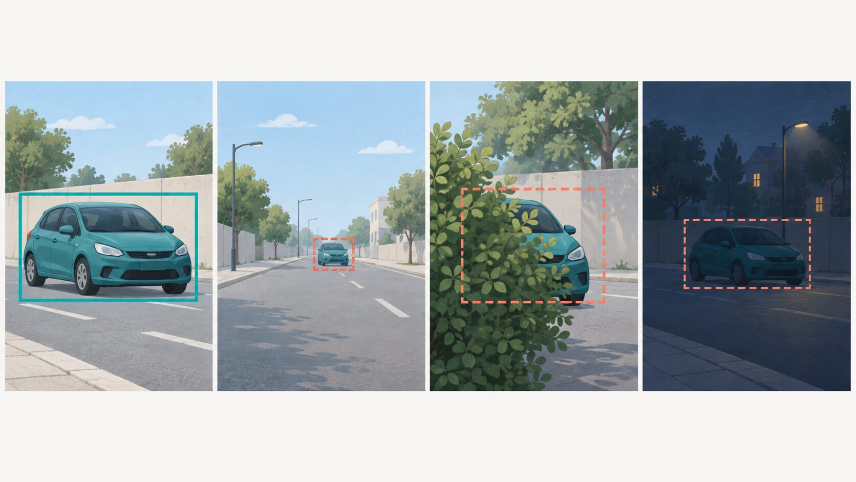 車が明瞭に見える条件と、遠くて小さい・葉に隠れる・暗いという検出が難しい条件を比較した図