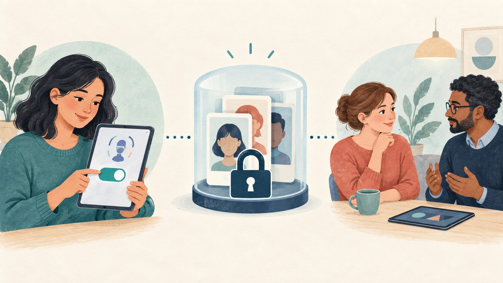 本人による利用の選択、顔データのアクセス管理、人同士の確認を表すイラスト