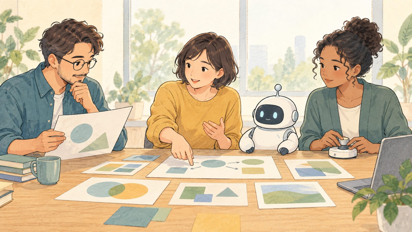 複数の人が資料と利用範囲を確認し、人の判断のもとでAIと協働するイラスト