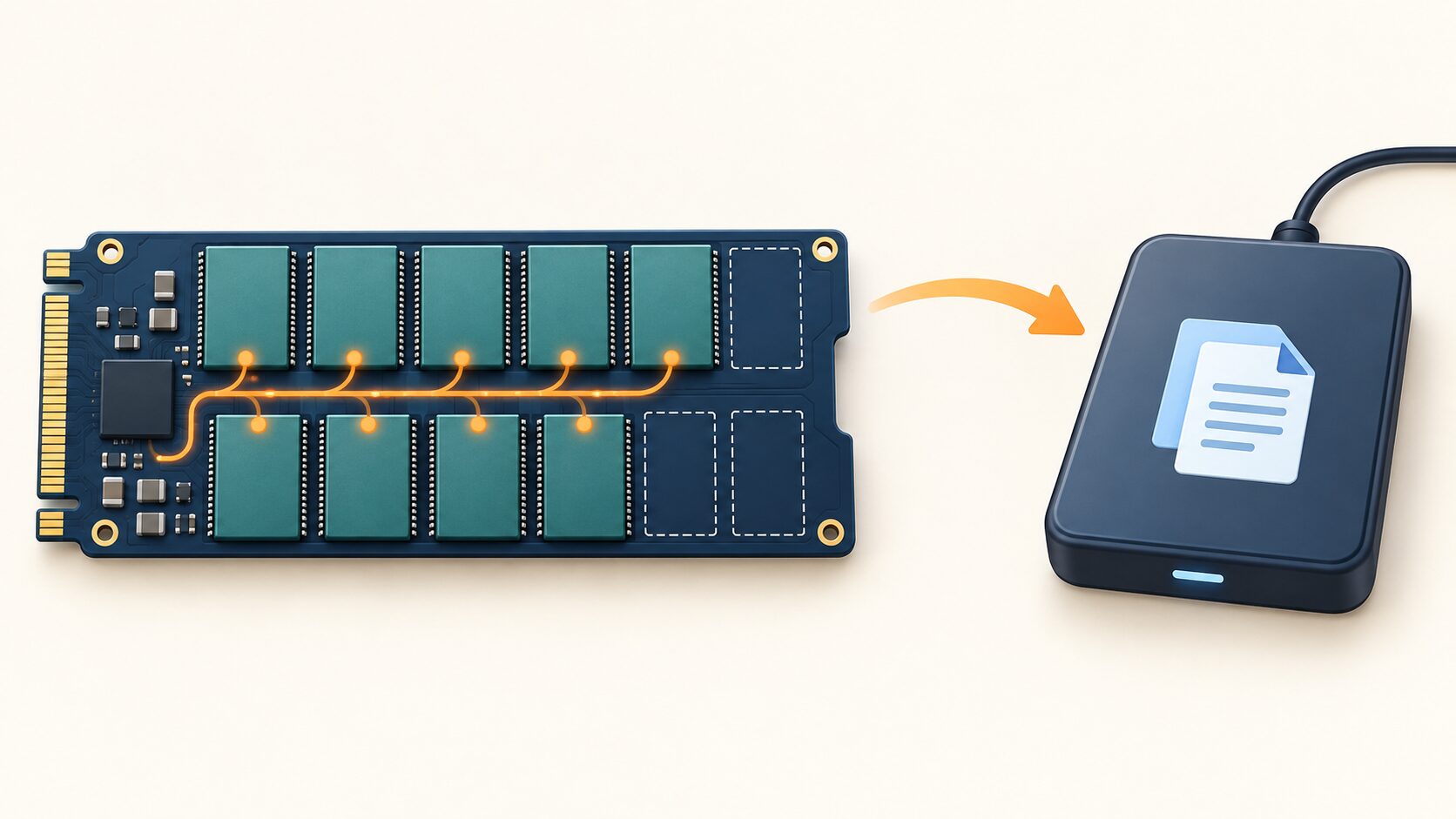 書き込みを分散するSSDと、データを別の媒体へコピーするバックアップのイメージ