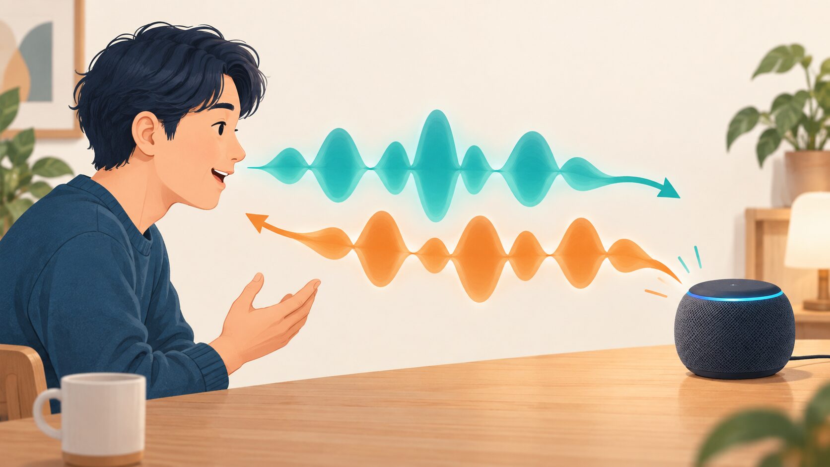 利用者と音声AIの間で、入力と出力の二つの音声が同時に行き交うイメージ