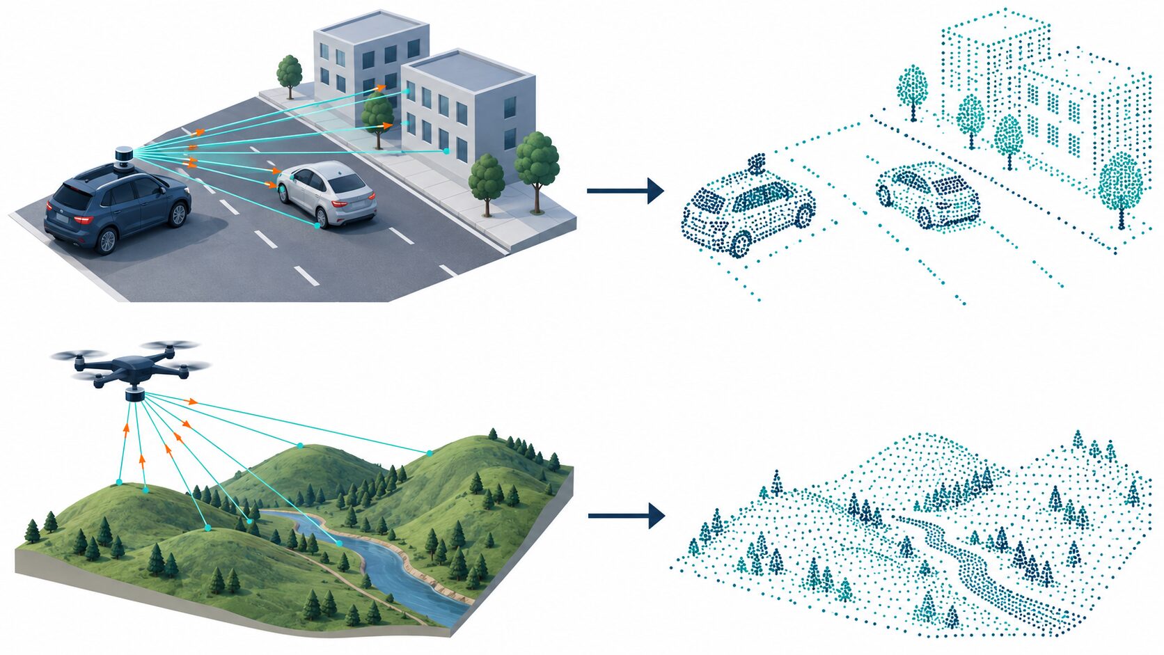 レーザー光で車両の周囲や地形を計測し、距離と形のデータを得るLiDARの概念図