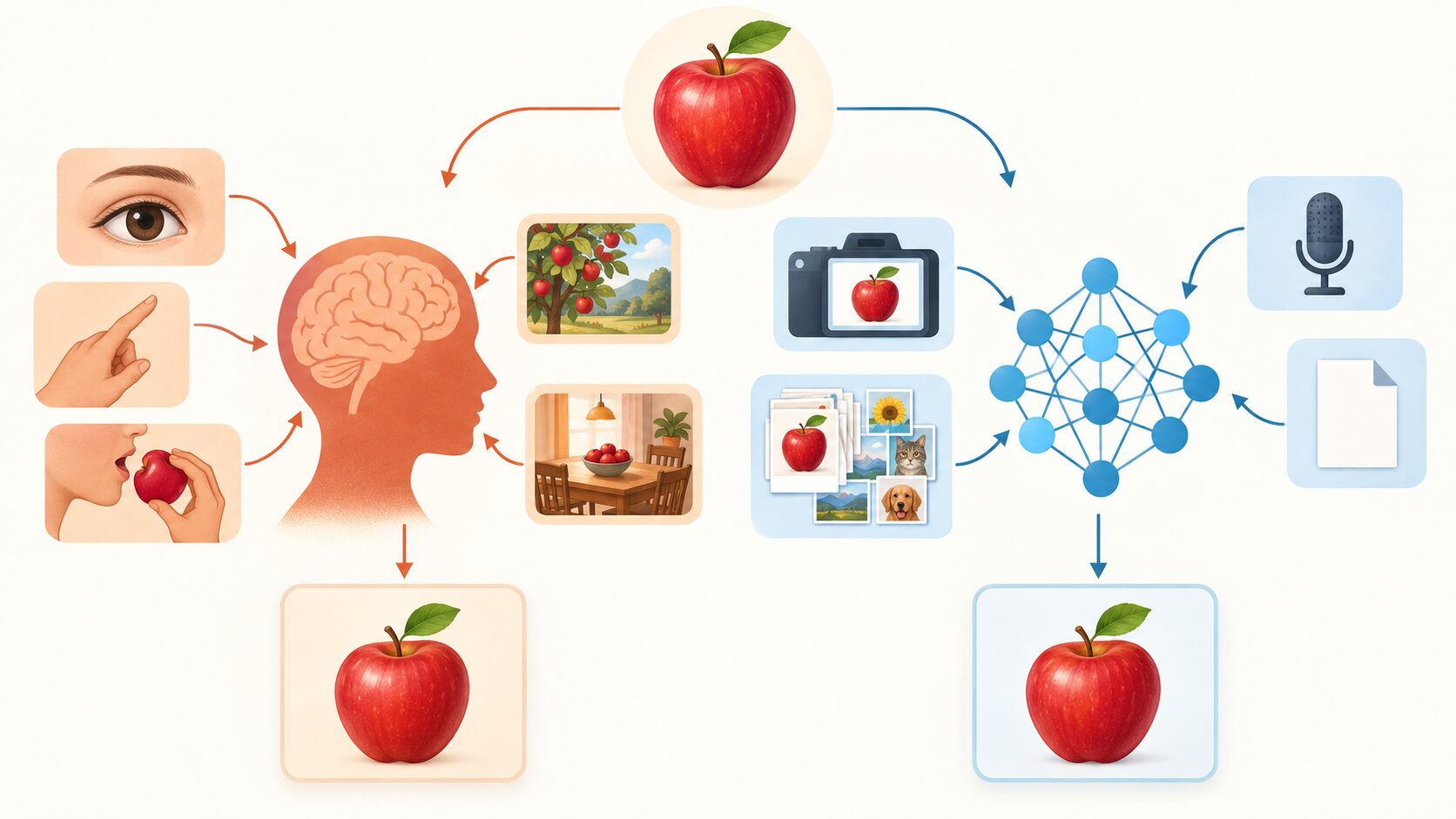 リンゴを見分ける際に人間が使う感覚や経験と、AIが使う入力データや学習済みパターンの比較
