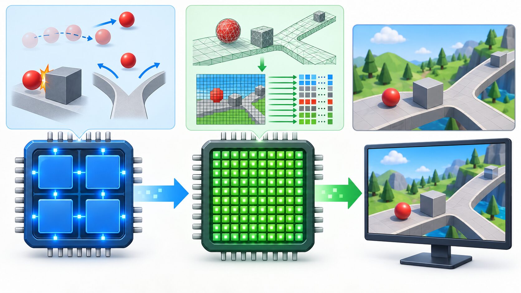 ゲームの進行や物理計算を担うCPUと、画面描画を担うGPUの得意分野と協力関係